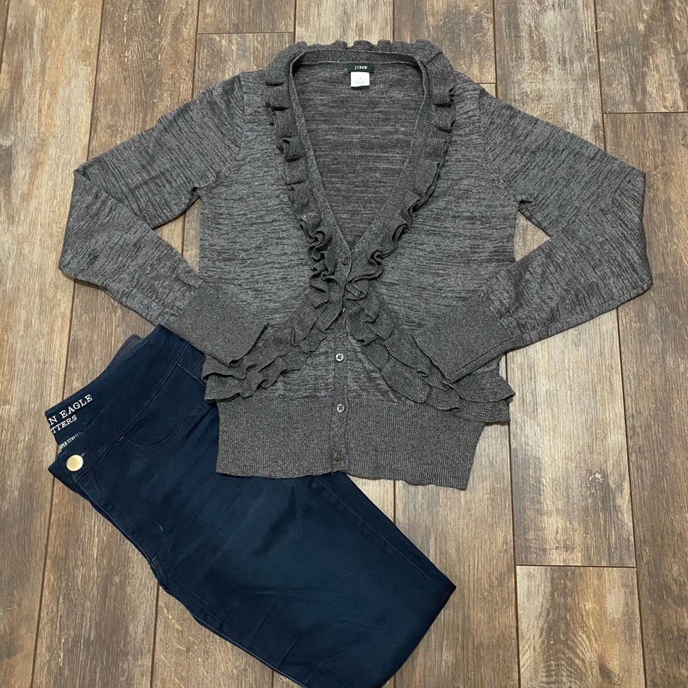 J Crew marled gray ruffle cardigan small